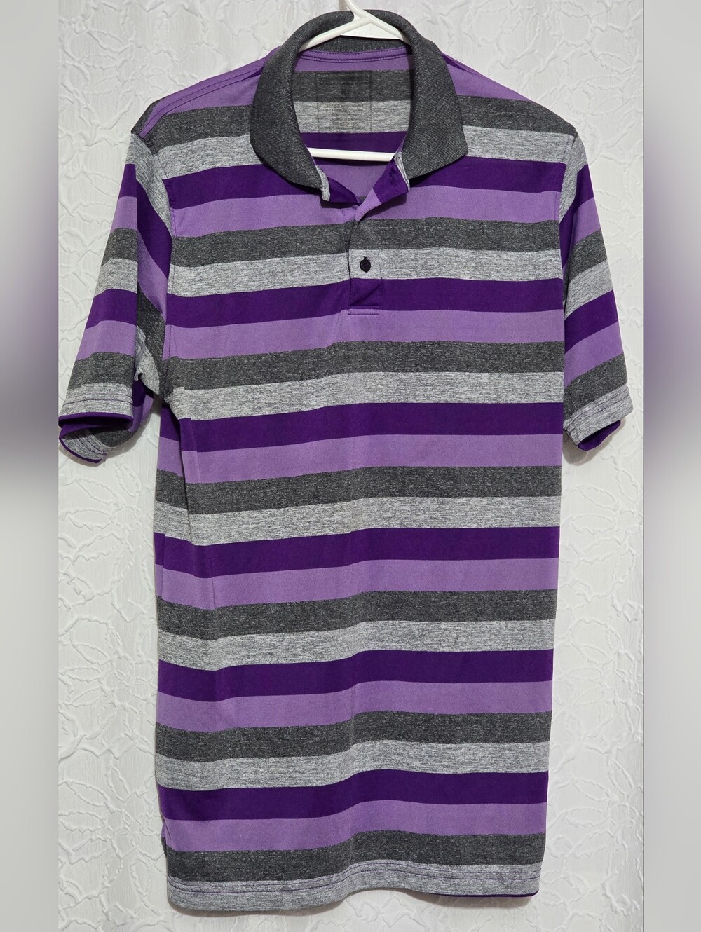 Men's Purple & Gray Striped 100% Polyester Golf Polo Shirt  Size L